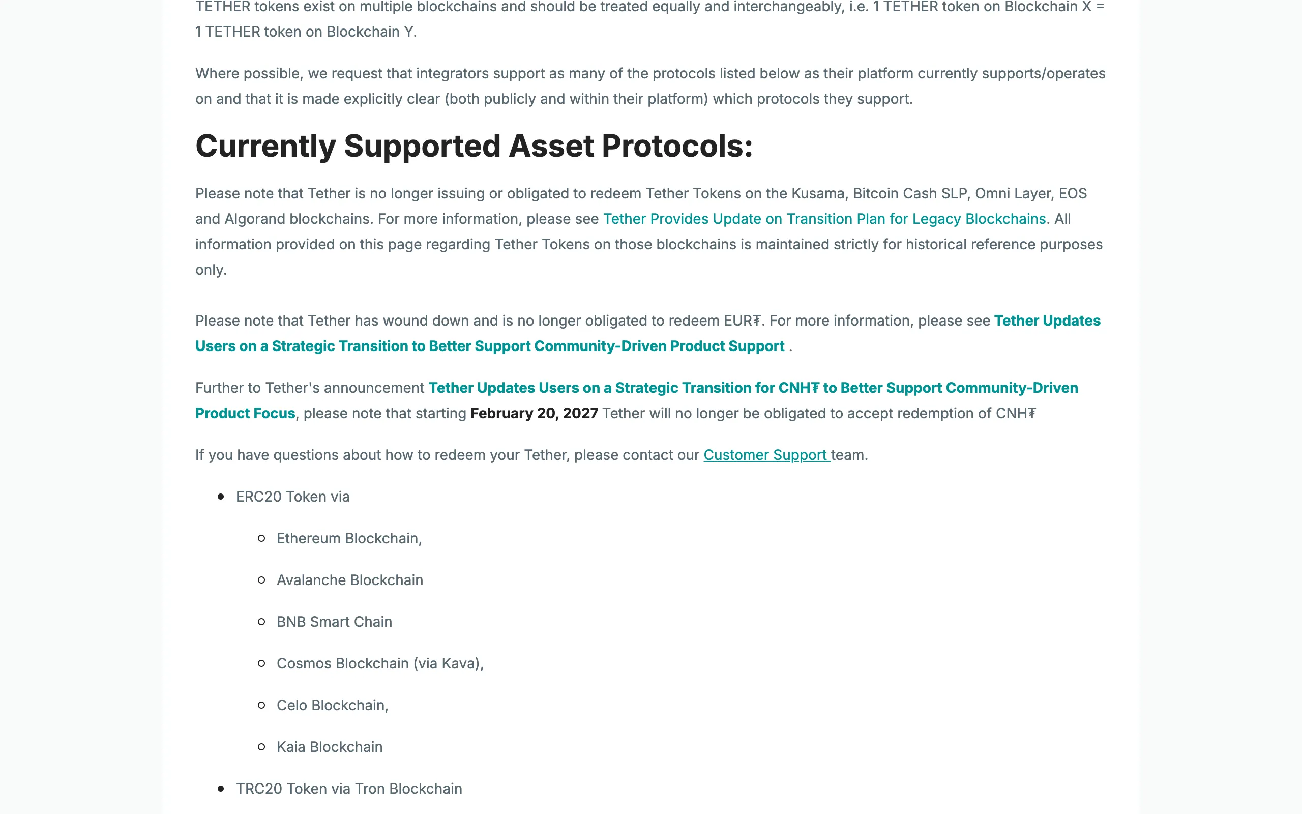 Tether 官網支援協議頁面，列出以太坊、Avalanche、BNB Smart Chain、Tron 等區塊鏈
