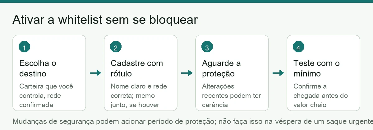Quatro passos para ativar a whitelist de saque sem se bloquear: escolher destino, cadastrar com rótulo, aguardar a carência e testar com o mínimo